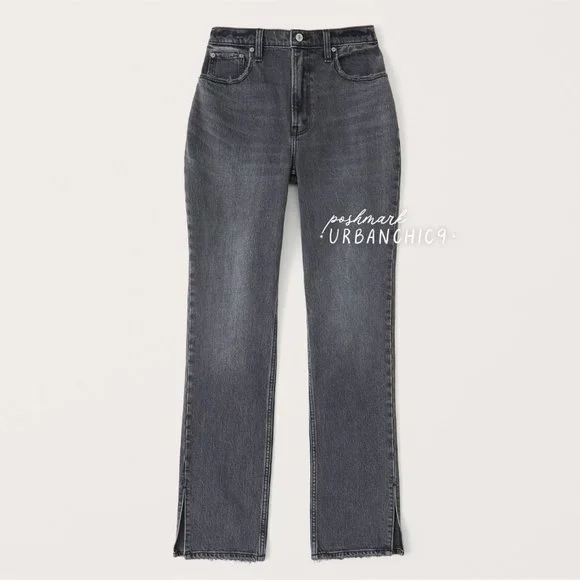 NWT ABERCROMBIE Curve Love 90s High Rise Straight Jean Gray Side Slit size 27 - Picture 4 of 14
